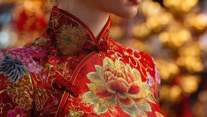 Close-up of a richly embroidered, traditional Chinese garment