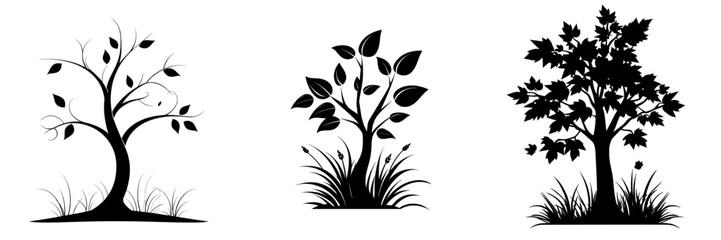 A minimalist silhouette of a tree with leaves and grass set against a white background represents growth, nature, and life in a simple yet powerful way