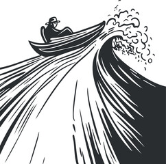 Black and white illustration of a man riding a boat on a large wave in the ocean or river.