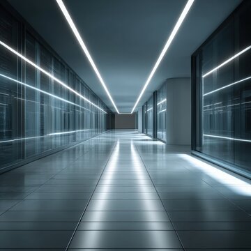 Server Room Corridor with Illuminated Racks and Reflective Floor