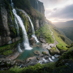 Dramatic Waterfall Plunging into Azure Pool Framed by Cliffs and Lush Greenery with Distant Hills under a Cloudy Sky