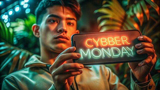Young Man Holding Smartphone Displaying Neon Cyber Monday Sign, Trendy Nighttime Style, Online Shopping Promotion