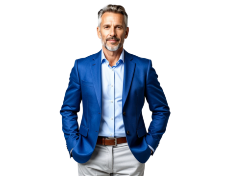 Realistic middle aged businessman standing front facing neutral confident expression