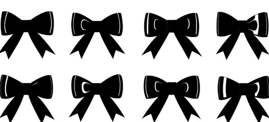 A holiday sign collection and set of black monochrome decorative ribbon bows are provided, featuring ribbon symbols and accessory logos as modern outline illustrations isolated on a transparent