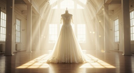 Wedding dress on a mannequin bathed in sunlight inside a bright spacious hall with large windows and pillars