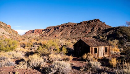 A weathered wooden cabin sits nestled amidst a colorful desert landscape, bathed in the warm light of the midday sun.