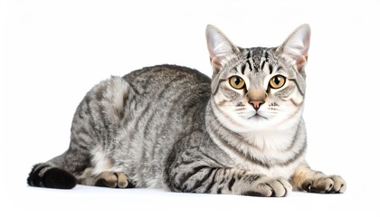 A grey tabby cat lies down, gazing directly at the camera.