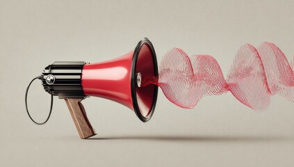 A red megaphone emits a swirling, abstract sound wave