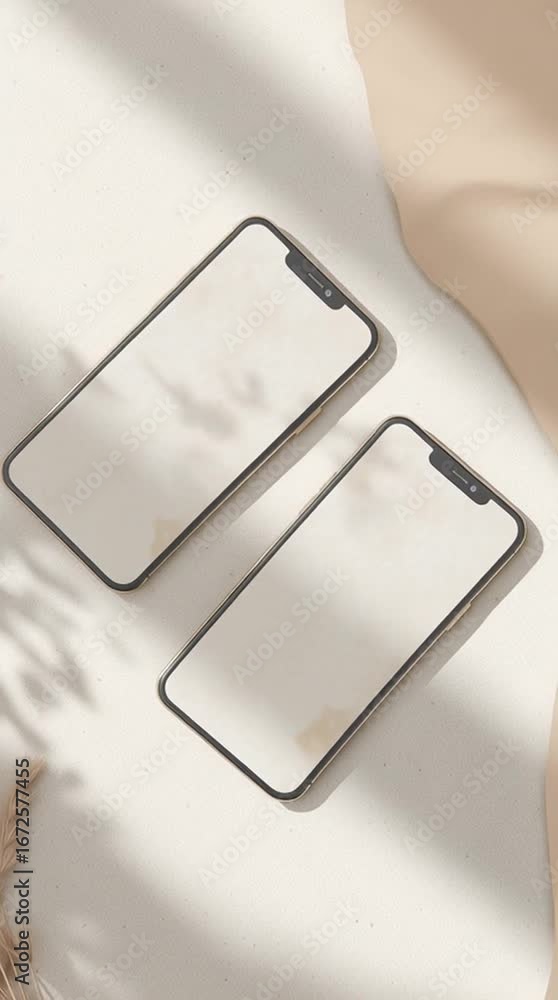 Poster tech harmony: two smartphones, gracefully arranged on a backdrop, creating a modern and stylish aest