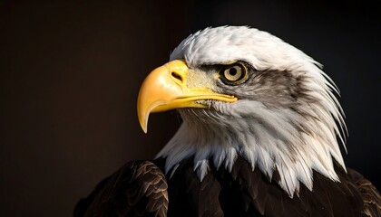 Close up of a majestic bald eagle with piercing eyes and a sharp beak against a dark background.