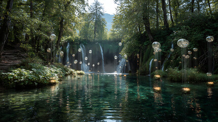 Tranquil forest waterfall with glowing orbs and serene water reflections landscape photography