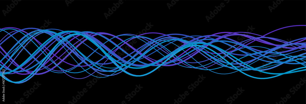 Poster dynamic vector tech waves: vibrant flowing lines on black background.