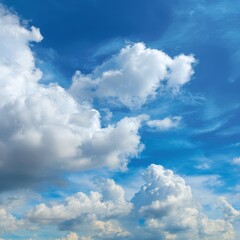 Obraz premium A vibrant blue sky filled with fluffy, white clouds. The contrast between the blue and the white evokes feelings of tranquility and freedom