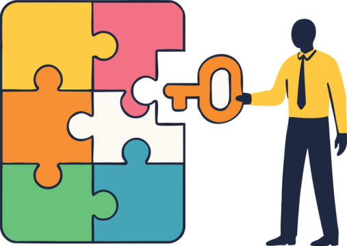 Businessman holding a key to complete a colorful jigsaw puzzle