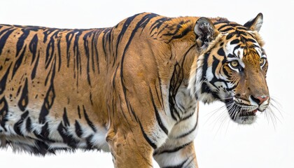 Majestic tiger walking, showcasing its powerful build and striking stripes against a white background.