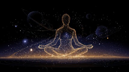 Abstract figure in meditation, cosmic setting