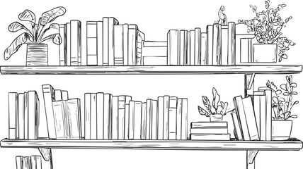 Black and white line art illustration of two wooden bookshelves filled with books and potted plants arranged for home or office study decoration.