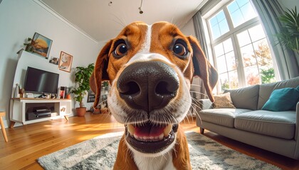 Adorable Close-Up of Happy Dog with Large Nose in Bright Cozy Living Room with Modern Interior and Sunlight Through Windows