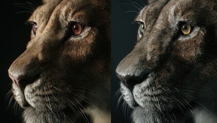 Close-up profile view of two lions, side-by-side, one with brown/orange eyes and a warm brown/tan coat, and the other with yellowish-green eyes and a similar but cooler-toned brown/tan coat.