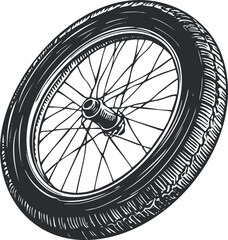 Detailed black and white illustration of a bicycle wheel with tire and spokes isolated on white background