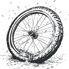 Black and white sketch of a flat bicycle wheel with damaged tire and broken spokes isolated on white background.