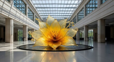 A large, golden glass flower sculpture stands in a grand, modern atrium, attracting attention with its intricate design and vibrant hue.