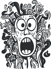 Obraz premium Black and white cartoon illustration of a stressed person with anxious expression and chaotic background doodles.