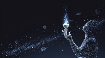 Abstract figure holding a glowing torch in space