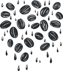 Black and white illustration of coffee beans and drops scattered on a white background for coffee-related designs