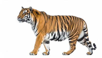 Majestic tiger walking, powerful predator in profile view against a white background.