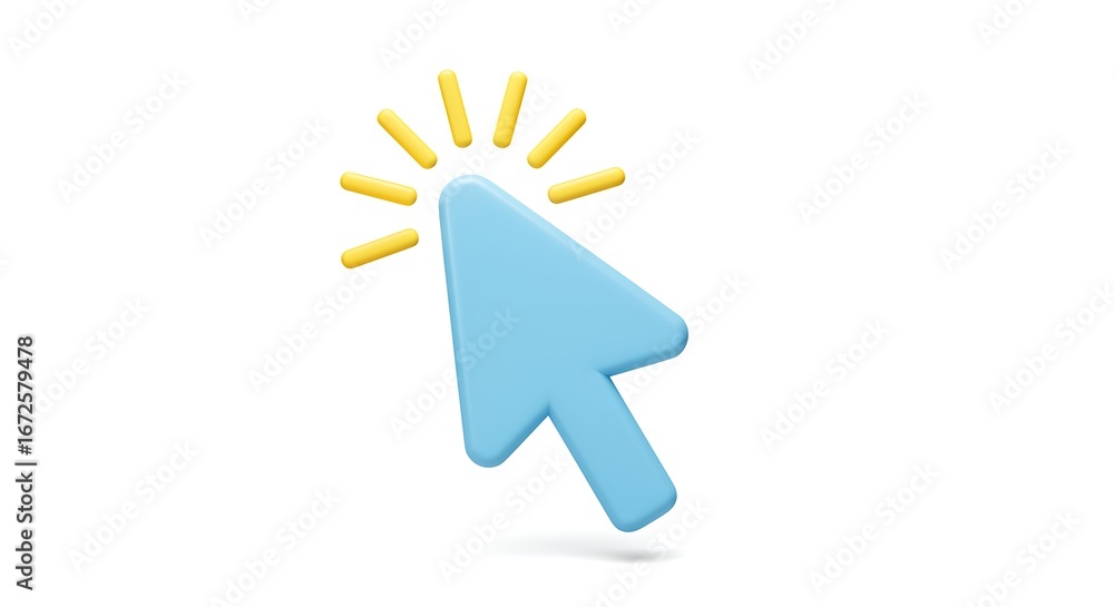 Fototapete Blue Arrow Cursor Clicking with Radiating Light Rays Isolated on White Background Symbolizing Online Actions and Digital Interaction