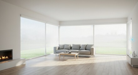 Fototapeta premium Modern living room boasts soft natural light illuminating minimalist gray sofa and light wood floors. AI Generated
