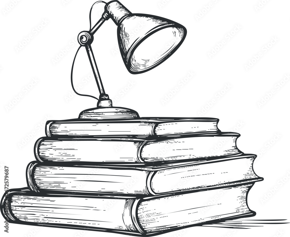 Poster black and white sketch of a stack of books with a desk lamp on top, symbolizing reading and study.