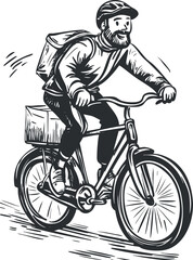 Naklejka premium Black and white illustration of a bearded man wearing a helmet riding a bicycle with a backpack and delivery box