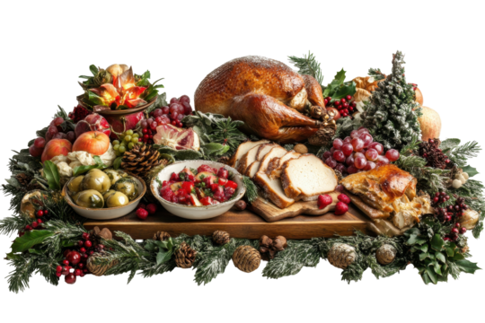 Thanksgiving holiday dinner feast presentation with roasted turkey and festive seasonal food arrangement