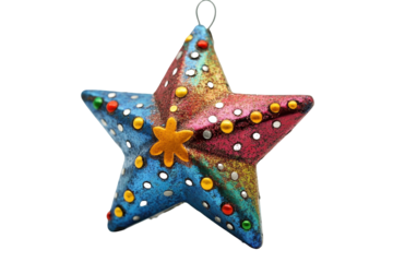 Colorful metal Star of Bethlehem ornament decoration with hanging loop on a transparent background