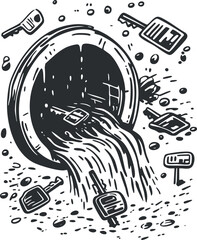 Obraz premium Black and white illustration of water flowing out of a drainpipe with keys and debris floating around