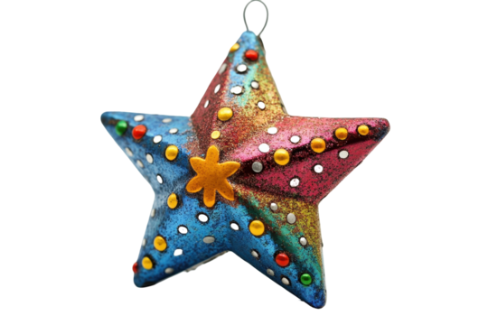 Colorful metal Star of Bethlehem ornament decoration with hanging loop on a transparent background