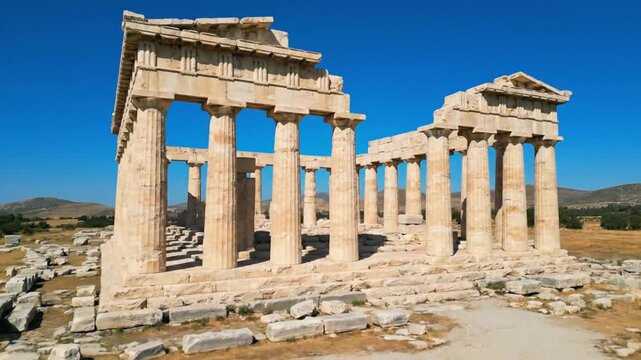 A wide, sunlit perspective of the ancient Temple of Aphaia, showcasing its majestic Doric columns and historic ruins on Aegina Island, Greece