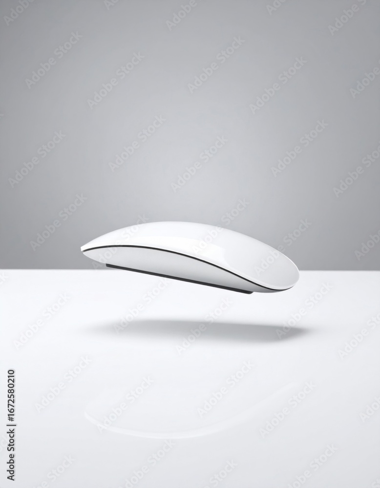 Poster wireless white computer mouse hovering above reflective surface against gray background