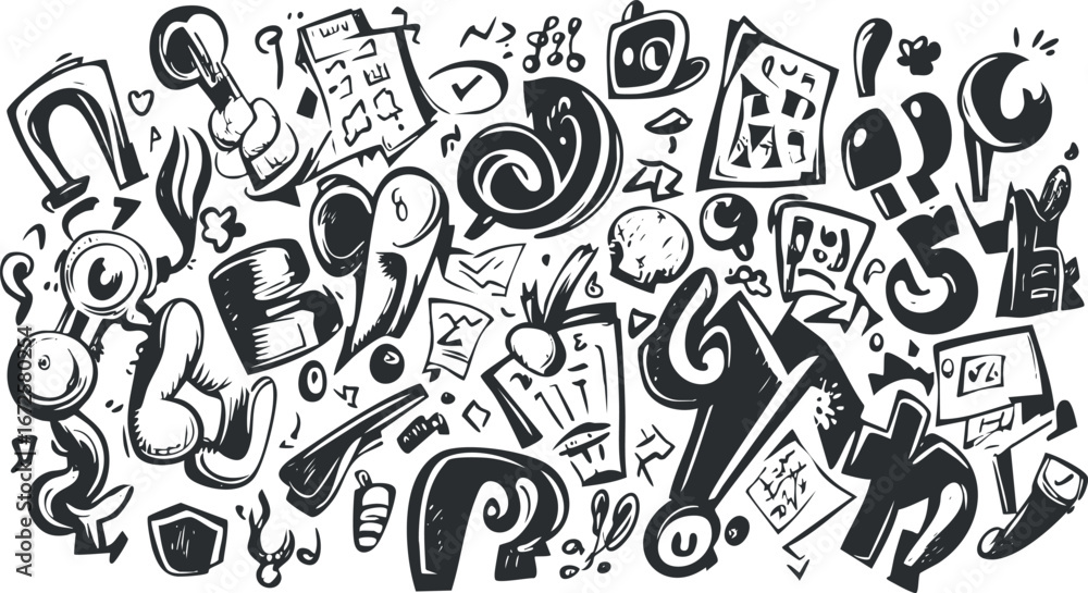 Poster abstract black and white doodle style sketch with random shapes and creative design elements