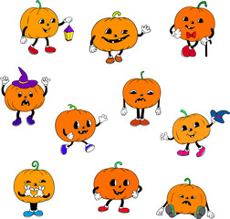 Set of 10 Colorful Pumpkins Rubber Hose Style
