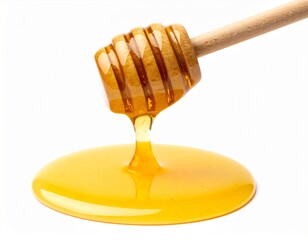 Golden Honey Dripping from Wooden Dipper on White Background Sweet and Natural