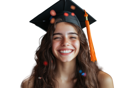 Group of excited young women jump with raised arms celebrating victory during a party, confetti falling down in the air, isolated on a transparent background