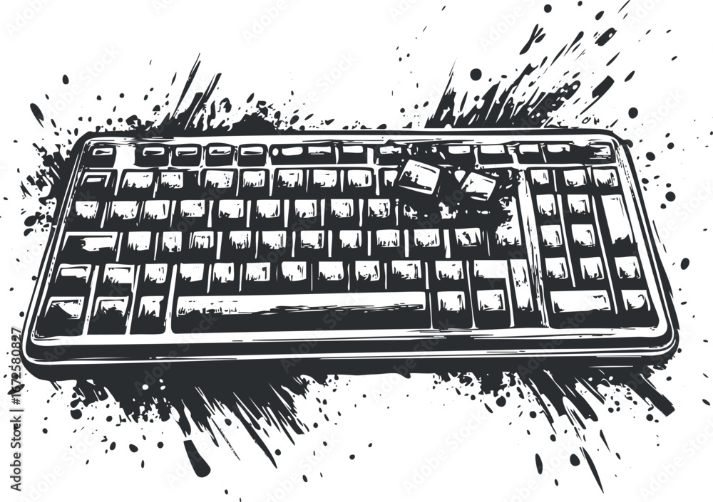 Poster monochrome illustration of a computer keyboard with key splashes and grunge art style