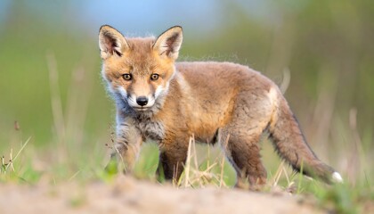 Obraz premium Curious fox cub exploring in grassy terrain during springtime adventure outdoors