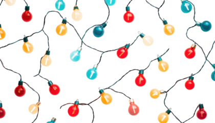 String of Christmas lights with multicolored bulbs and transparent background for your Holiday Season designs and other projects