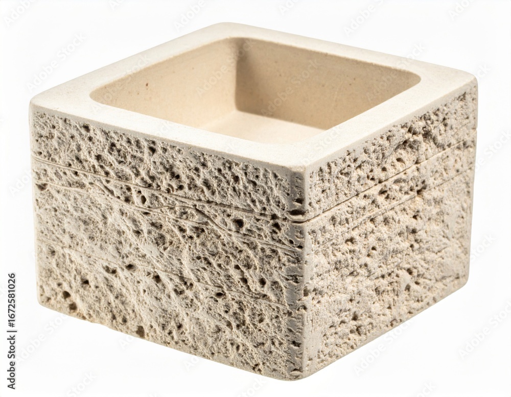Poster beige textured square block container on white background in studio lighting