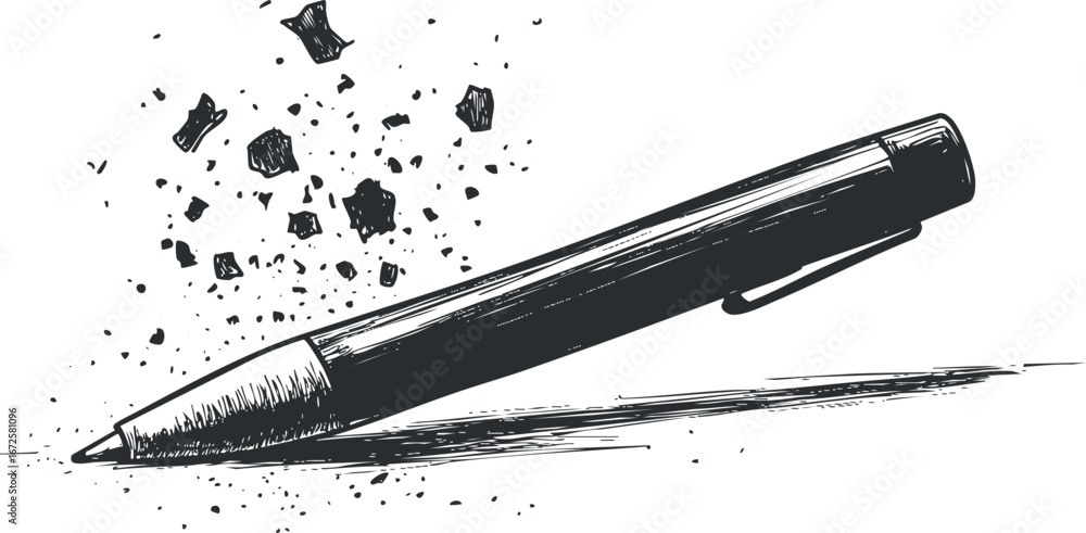 Poster black ink sketch of a pen lying on a surface with ink splatters and sketch lines