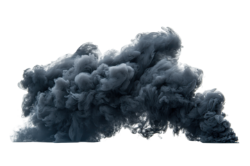 Voluminous mass of dark gray smoke is slowly drifting and billowing on a light background
